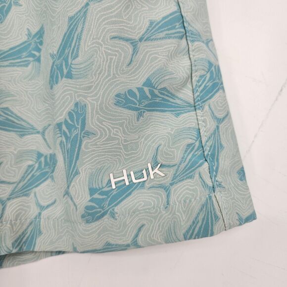 Huk Shorts Mens Large Swimming Trunks‎ Lined Fishing Summer Green All Over Print - Picture 3 of 14